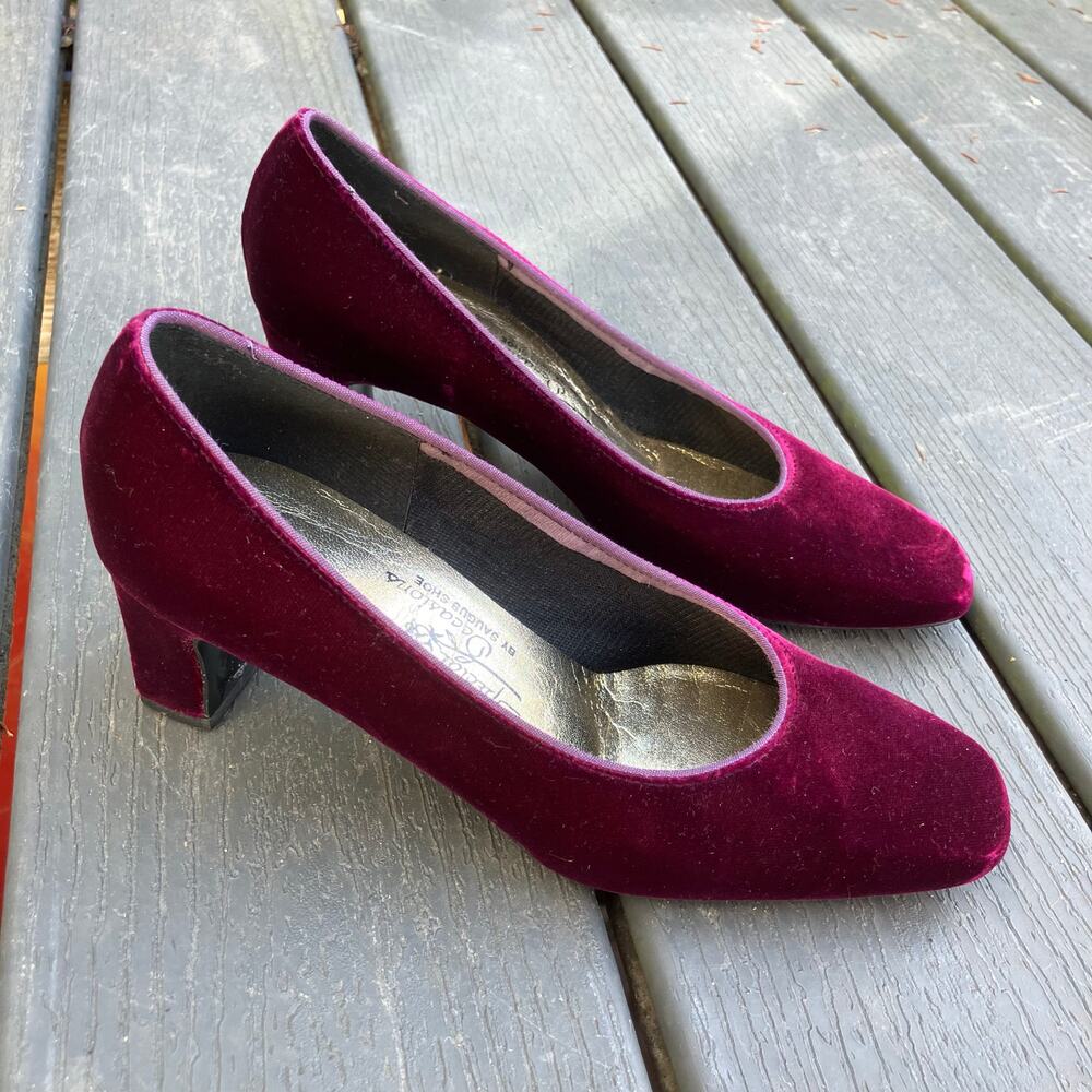 Burgundy velvet mid square toe heels, whimsigoth witch fairycore